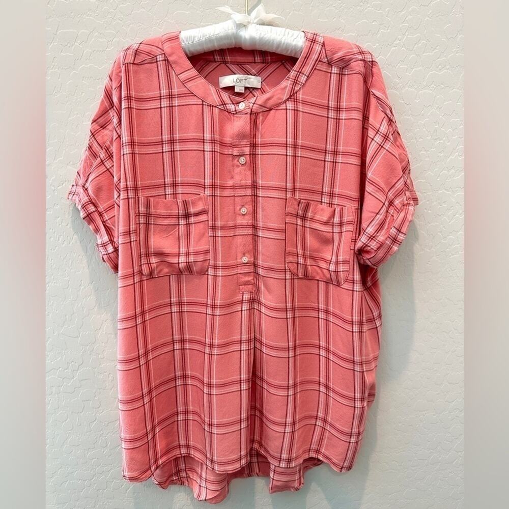 LOFT | Pink Plaid Button Front Lightweight Henley Blouse | Size Large